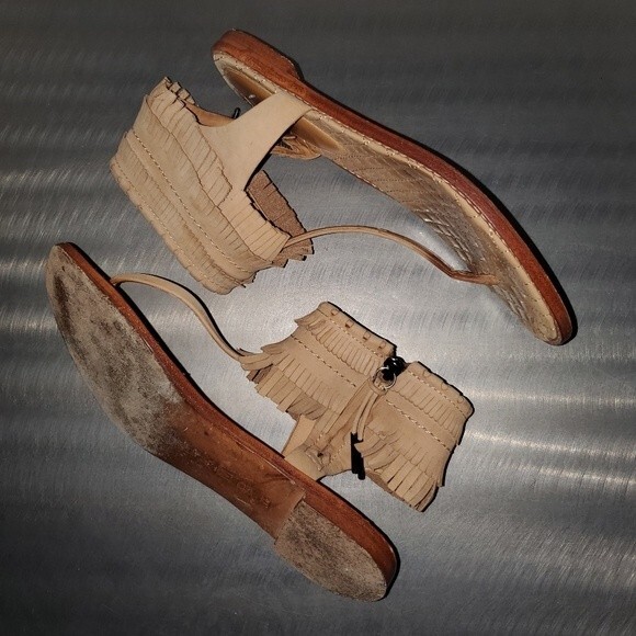 L.A.M.B. Suede Fringe Flat Boho Tan Ankle Strap Side Zip Sandals sz. 7.5 - Picture 2 of 10